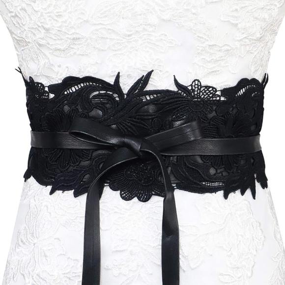 Womens Faux Leather Lace Wrap Around Obi Belt Waist Boho Band Wide Belts,Black - Picture 2 of 9